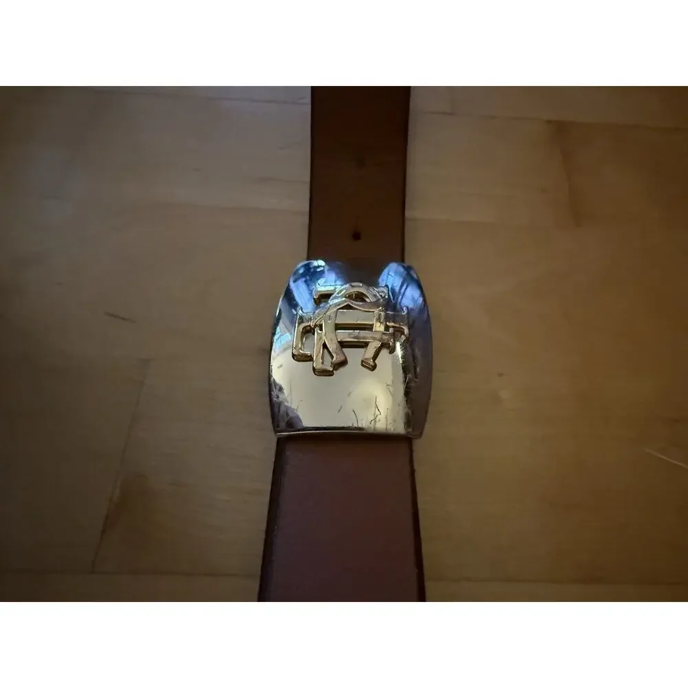 Lauren Ralph Lauren Brown Leather Gold Silver Logo Square Buckle XL